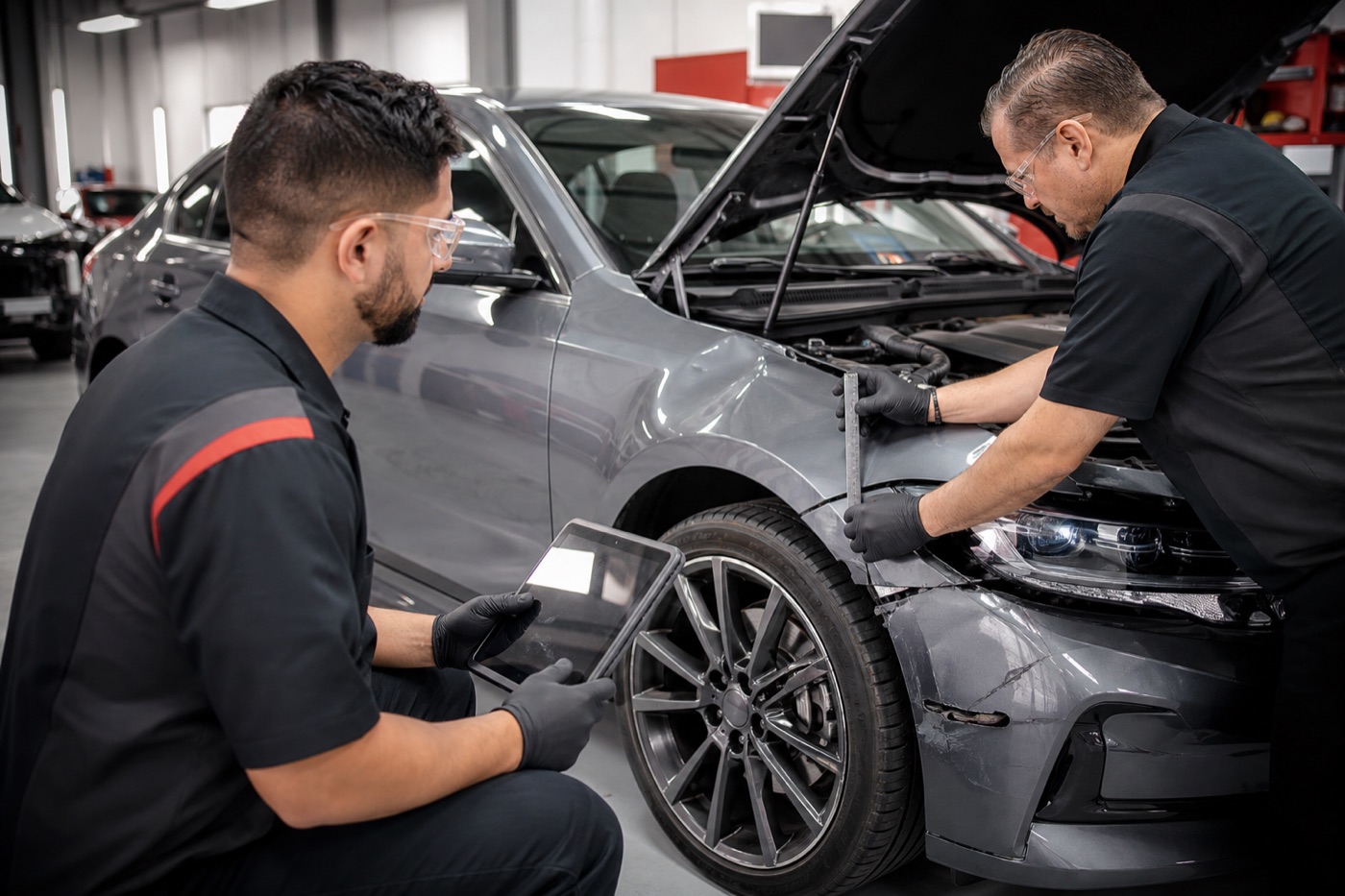 Collision repair technicians inspecting vehicle damage and preparing an estimate