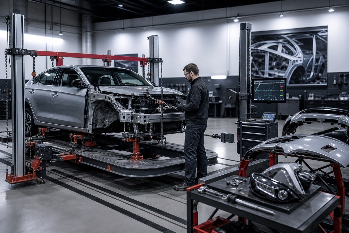 Vehicle undergoing computerized frame measurement and structural alignment