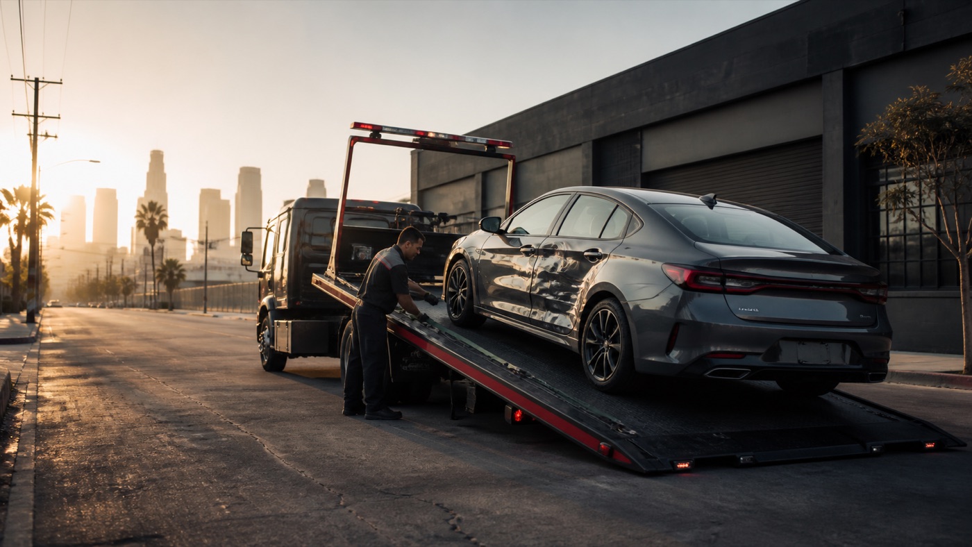 Collision-damaged sedan being secured on a professional flatbed tow truck in Los Angeles