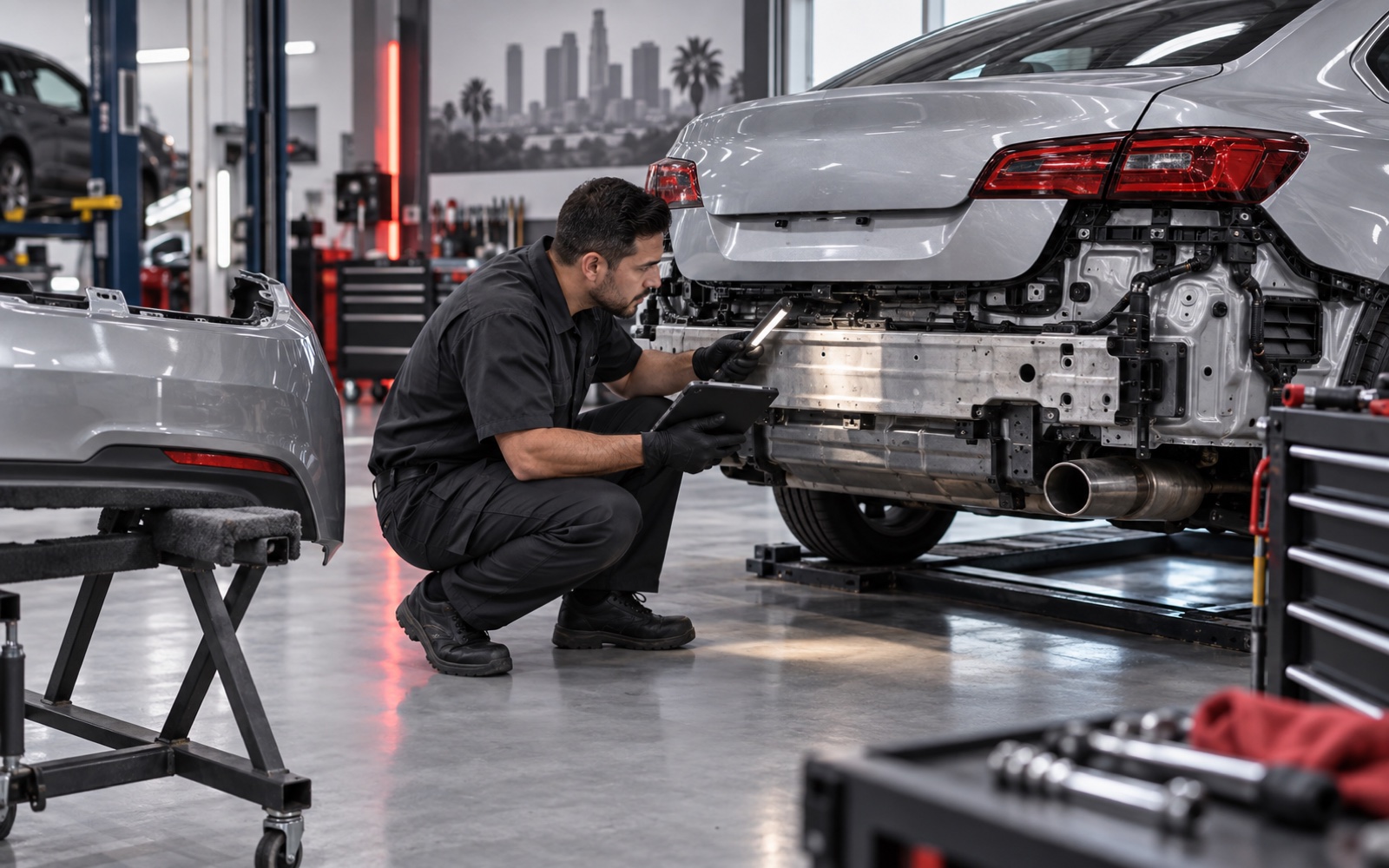 Technician inspecting hidden collision damage after bumper removal
